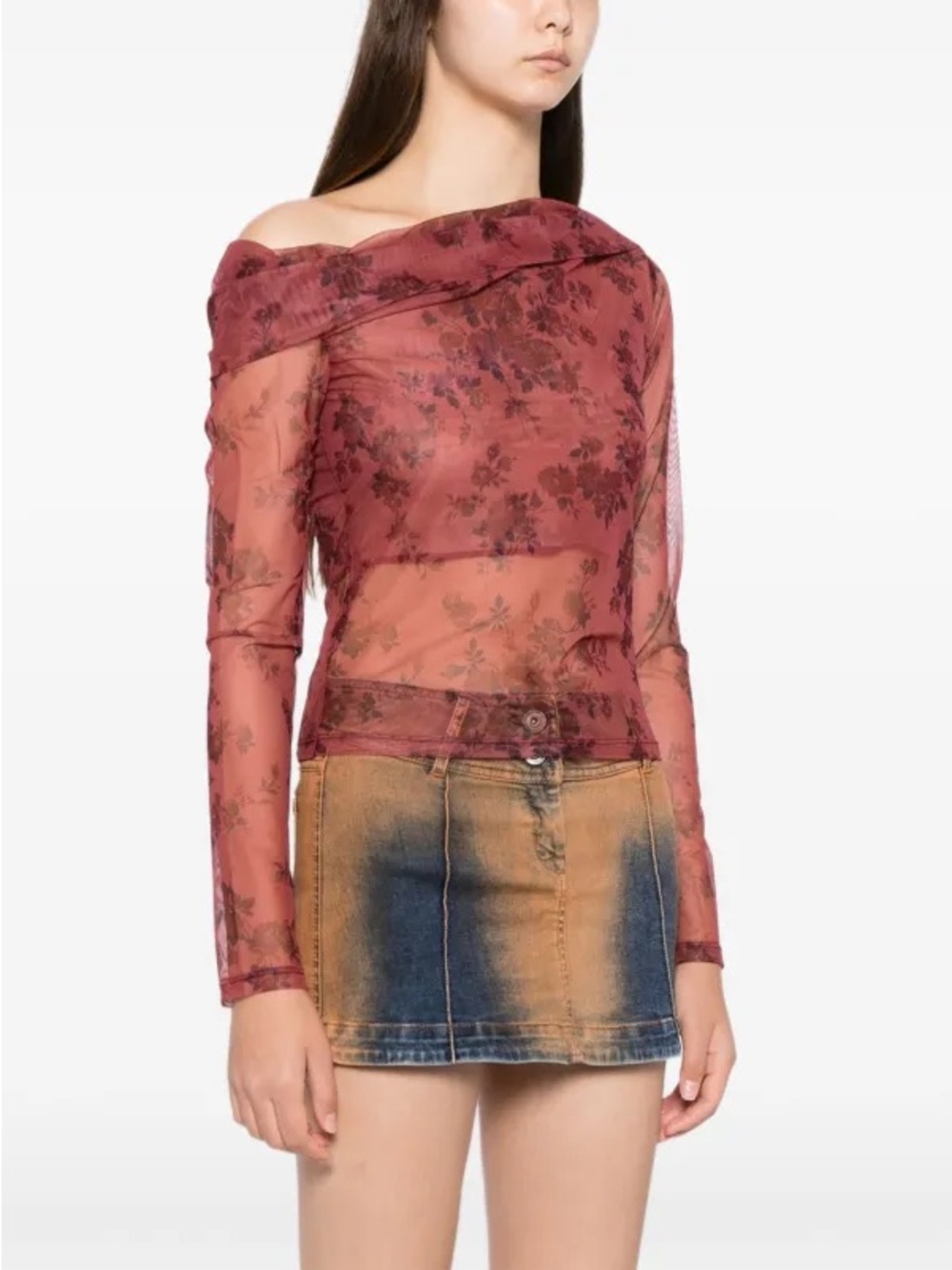 Reformation Elio Red Sheer Floral Off-Shoulder Long Sleeve Top - Rose Size M